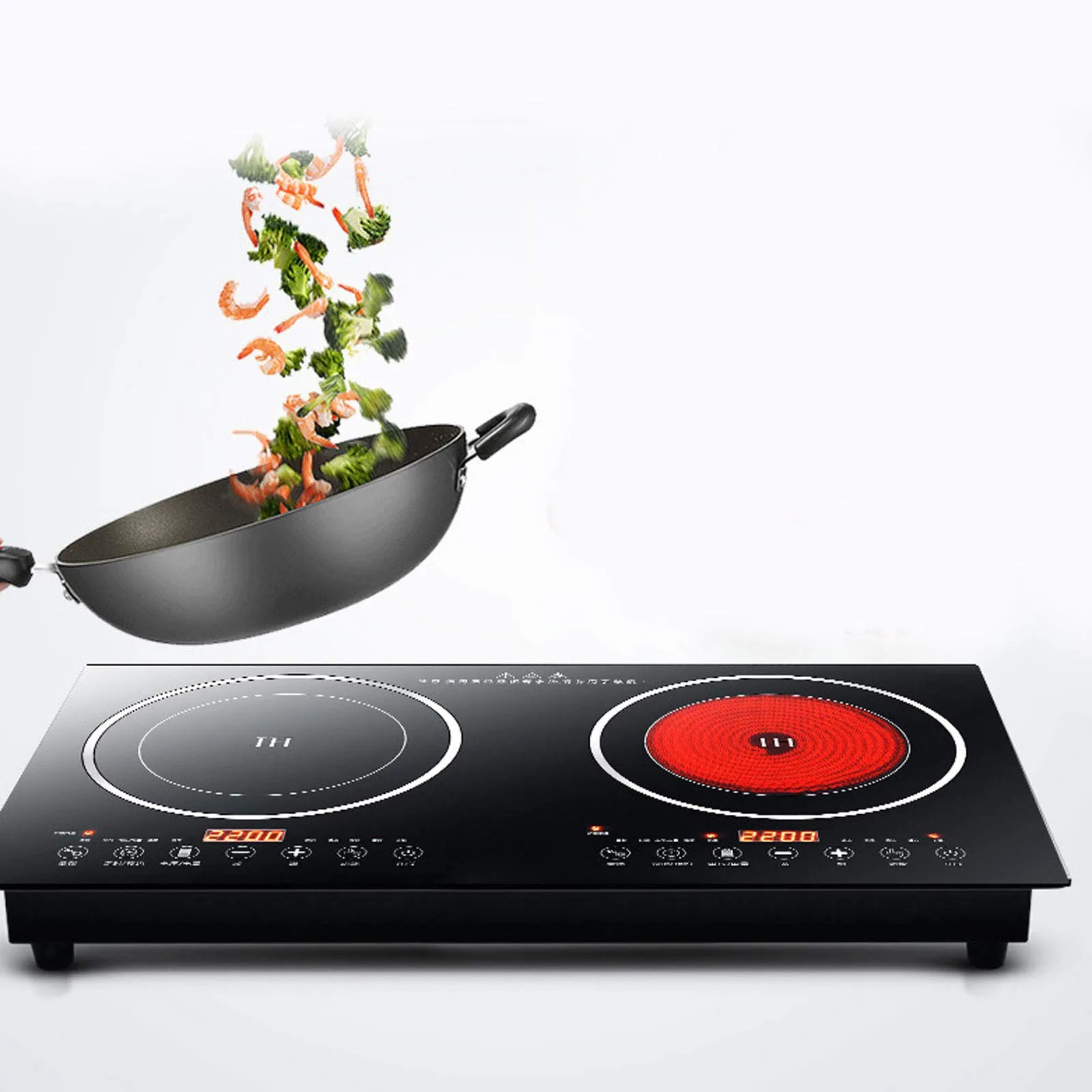 Double Induction Cooktop - 1200W Induction & 1400W Ceramic, Portable Electric Cooker, Black