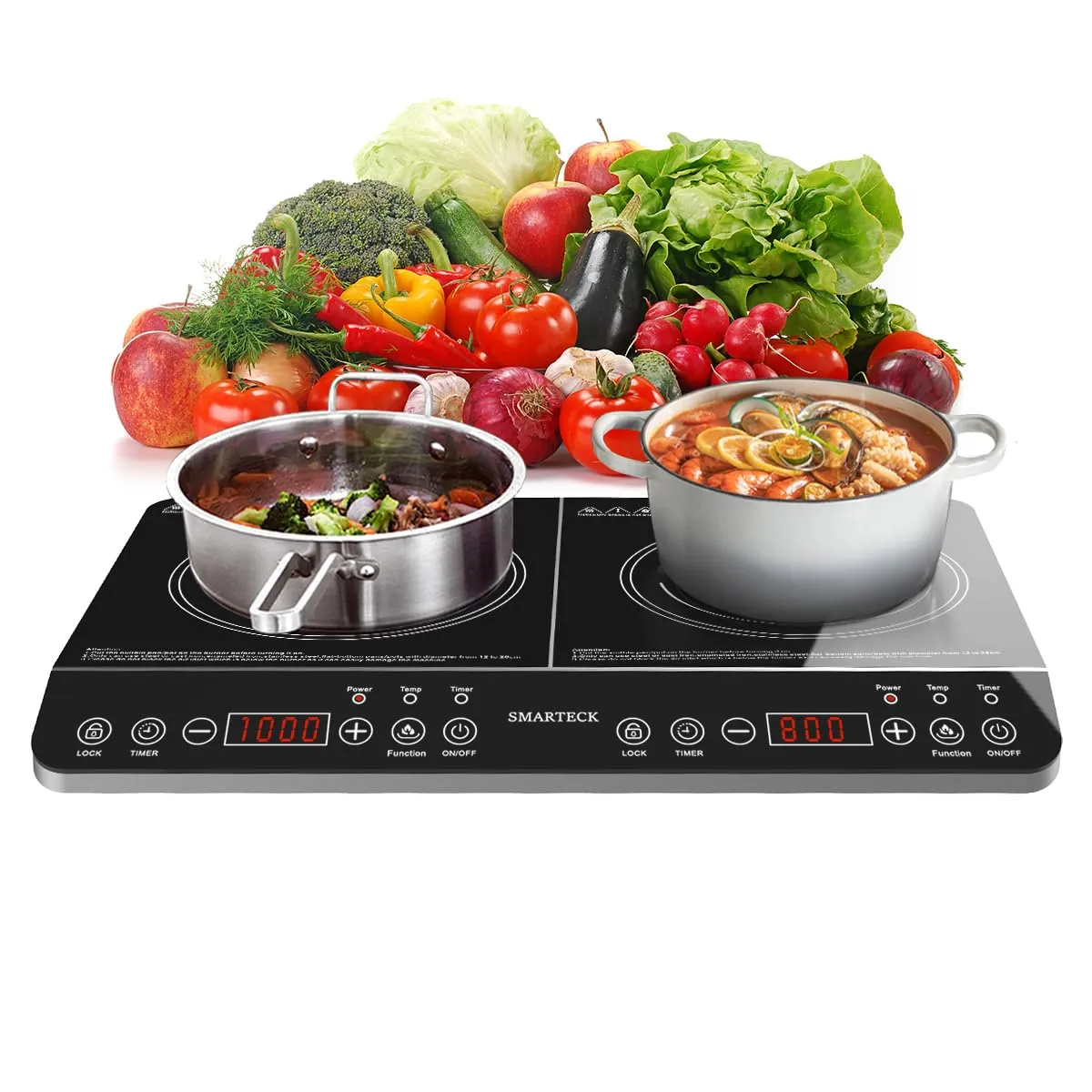 Double Induction Cooktop 1500W/1800W with 8” Heating Coils, 8/10 Power Levels, Safety Lock