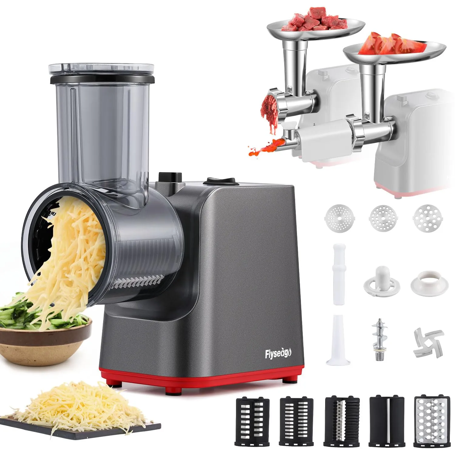 Electric Cheese Grater & Vegetable Shredder with 5 Blades, Meat Grinder, Juicer, Flyseago