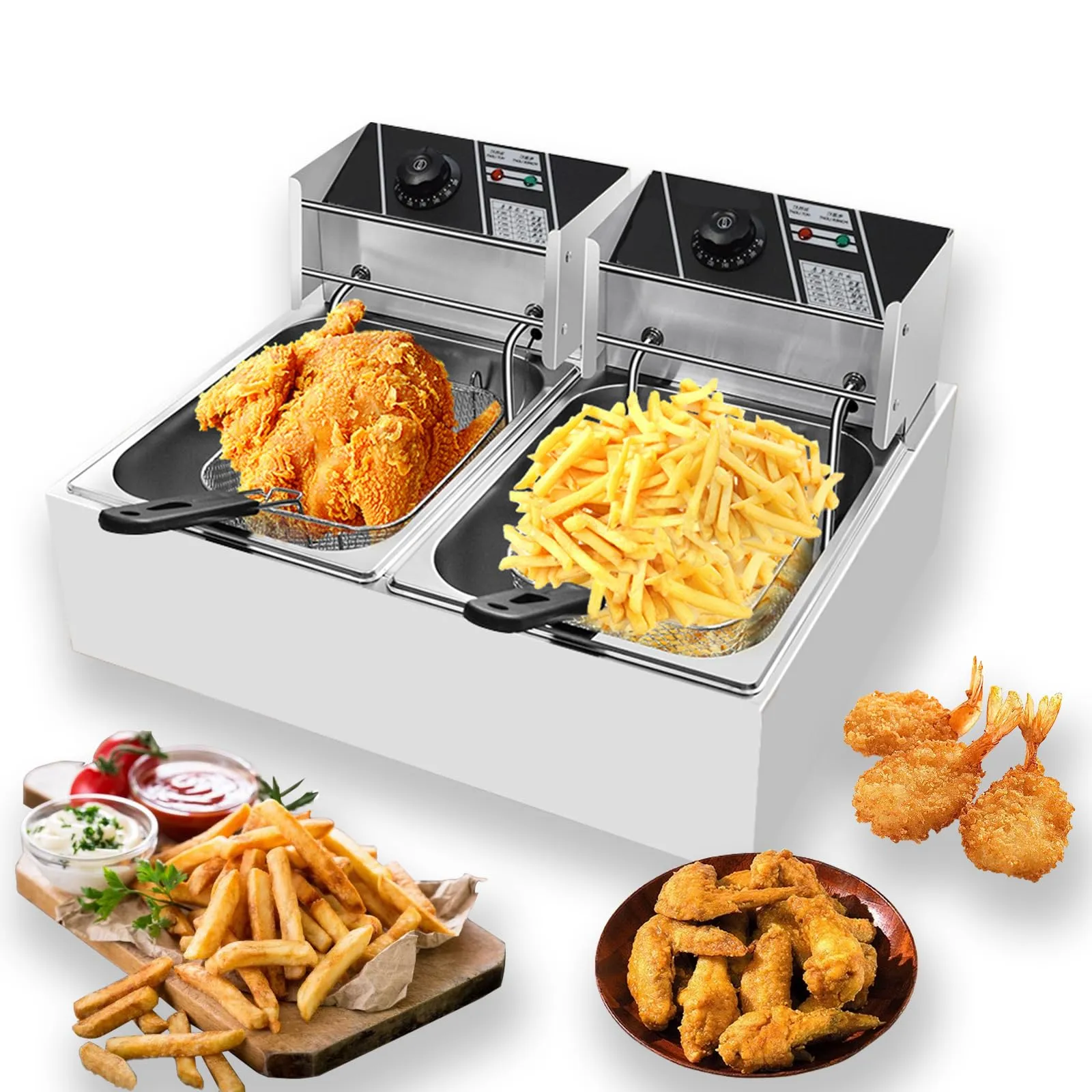 Electric Deep Fryer 110V 12.7QT Stainless Steel Dual Basket Commercial Cooking Machine