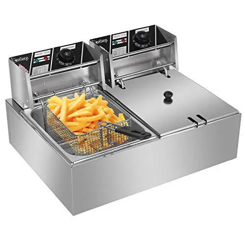 Electric Deep Fryer 12L 5000W with 2 Baskets & Lids, Stainless Steel, Temperature Control