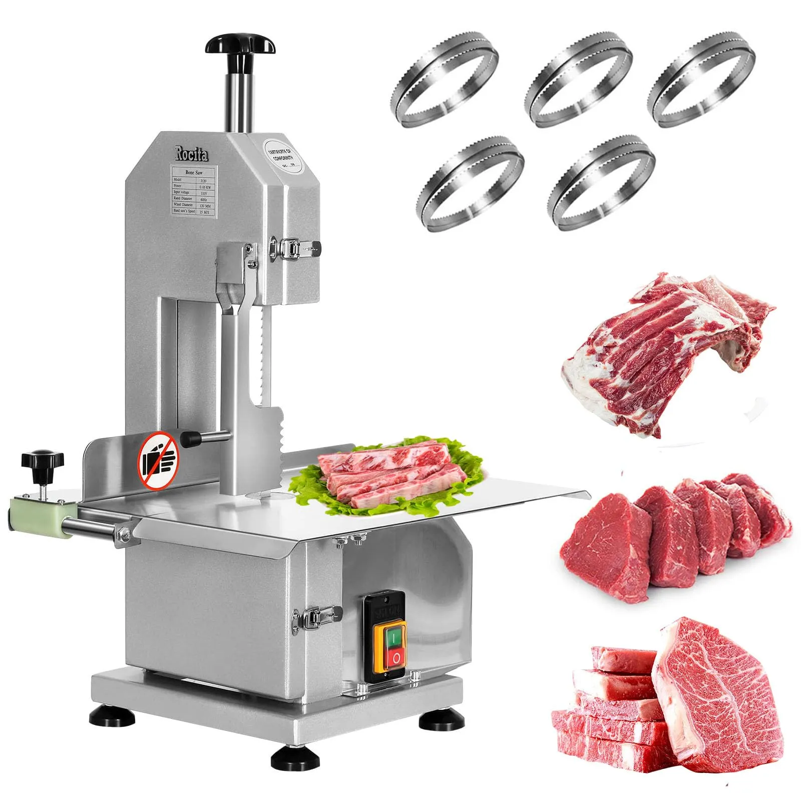 Electric Meat Cutter Machine 750W Stainless Steel, 20'x13', 0.8-4.3' Cutting Thickness, 6 Blades