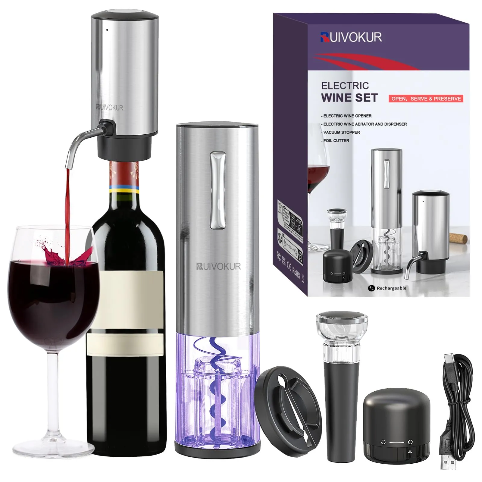 Electric Wine Opener Set 6-in-1 Rechargeable with Aerator, Foil Cutter & Vacuum Stoppers