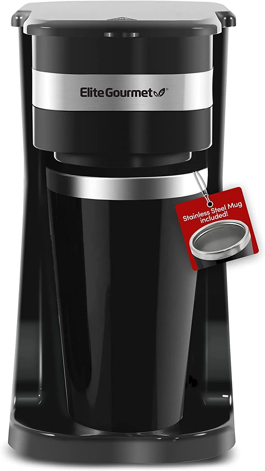 Elite Gourmet EHC113 Single-Serve Coffee Maker with 14Oz Stainless Steel Travel Mug, Black