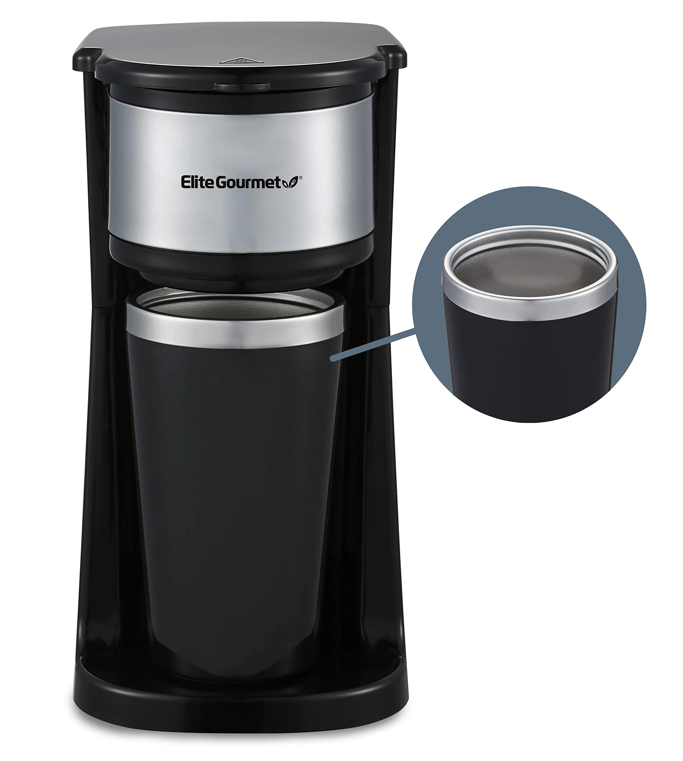 Elite Gourmet Personal Single-Serve Coffee Maker with 14Oz Stainless Steel Travel Mug