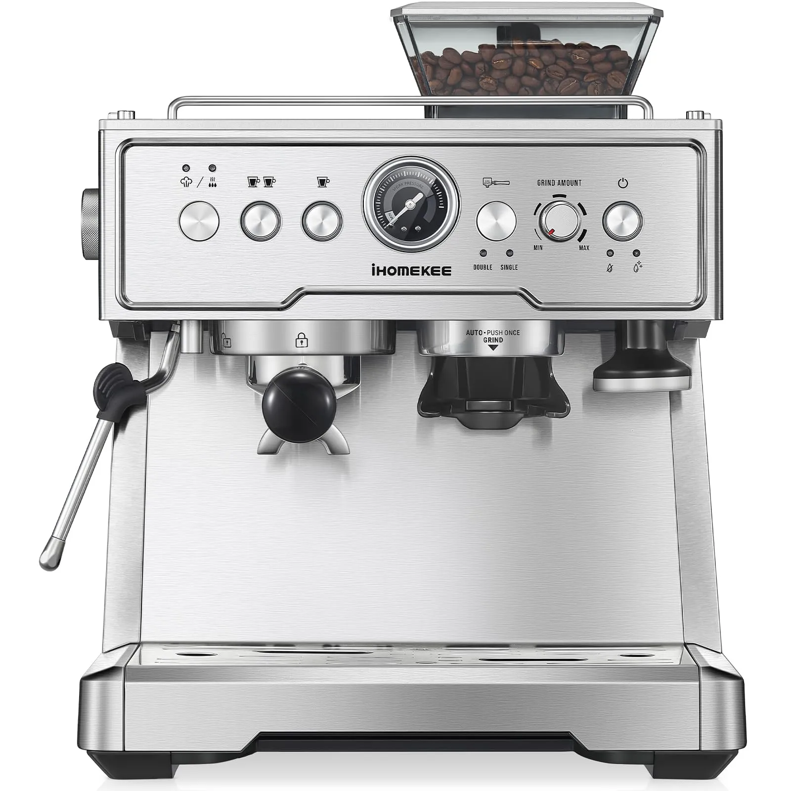 Espresso Coffee Maker with Grinder, 20 Bar Semi-Automatic Machine, Milk Frother, Stainless Steel