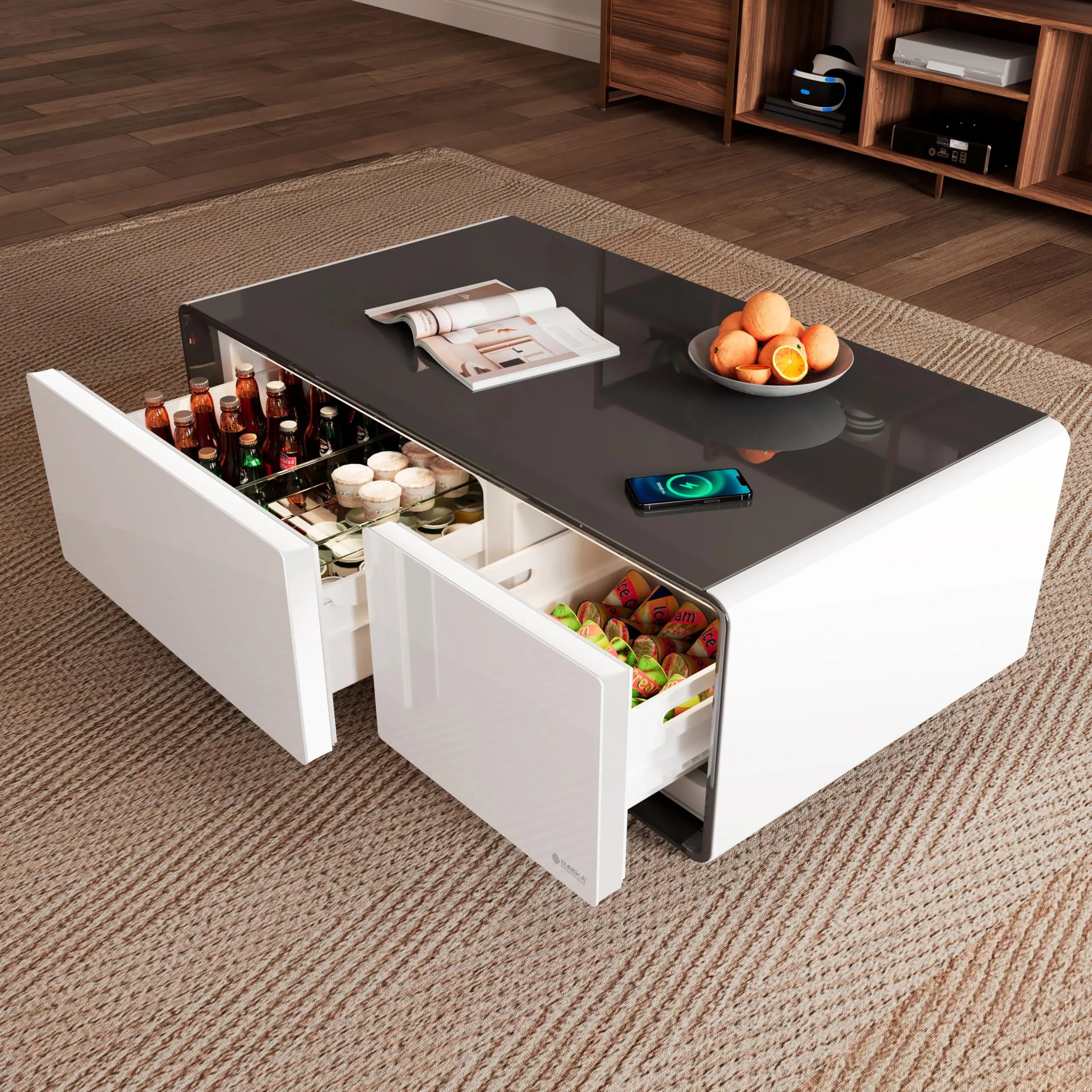 EUREKA ERGONOMIC Smart Coffee Table with Refrigerator & Wireless Charging, 90L White