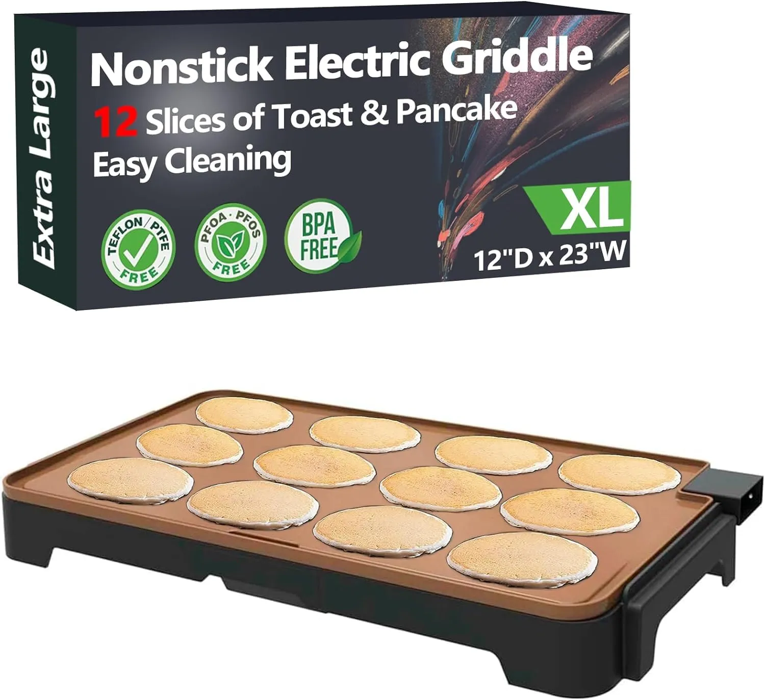 Extra-Large Electric Griddle 12'x22' Nonstick Ceramic Titanium Surface for 10 Eggs Cooking