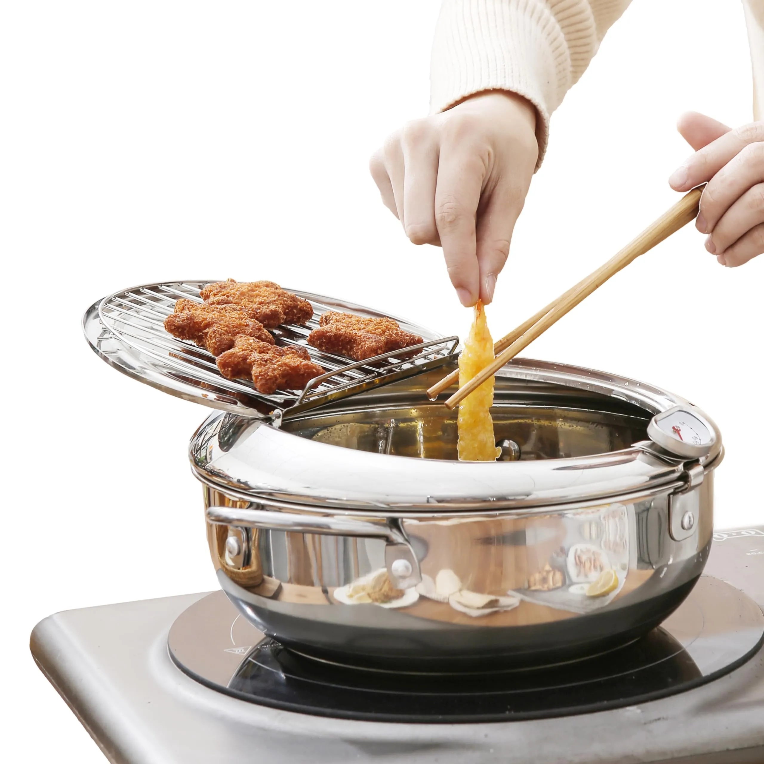 Extra Large 11' Tempura Fryer Pot, 4.4Qt 304 Stainless Steel with Thermometer & Lid