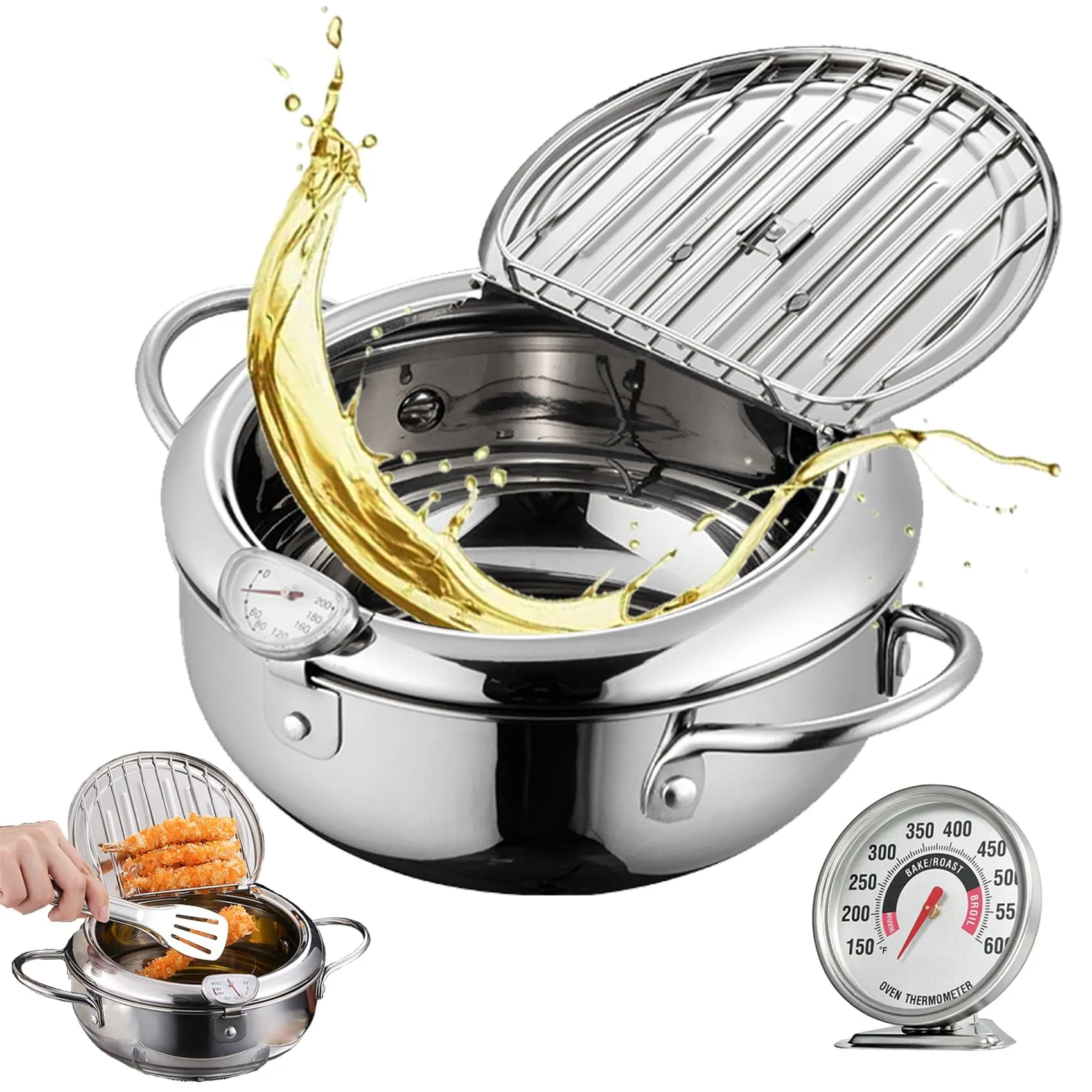 Extra Large Japanese Deep Fryer Pot with Temperature Gauge, 7.9in/2.2L, Stainless Steel Design