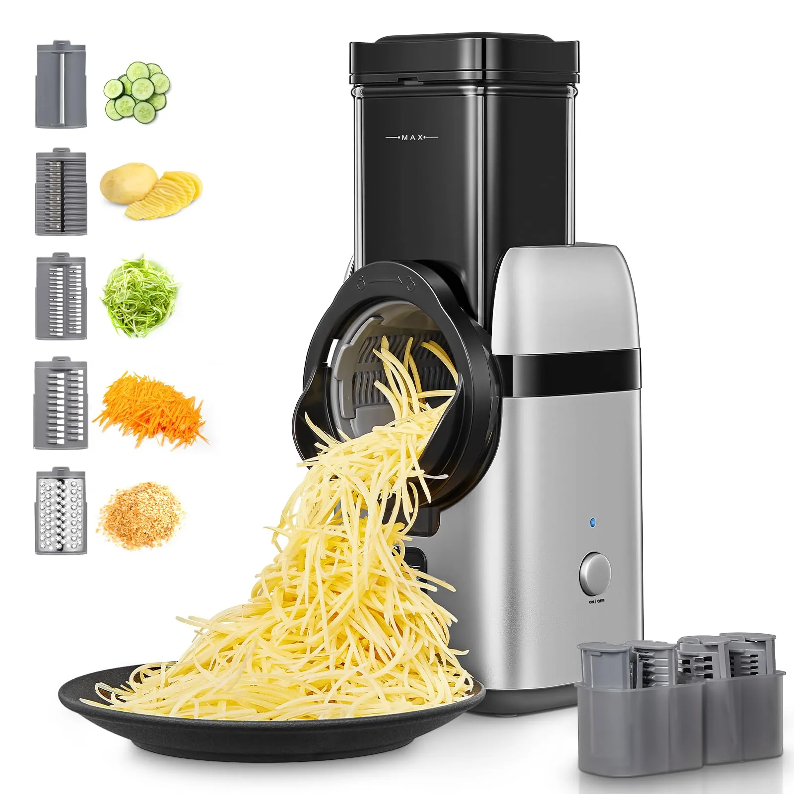 FOHERE Electric Cheese Grater 5-in-1 Vegetable Shredder with Multi Blades, Large Feed Chute