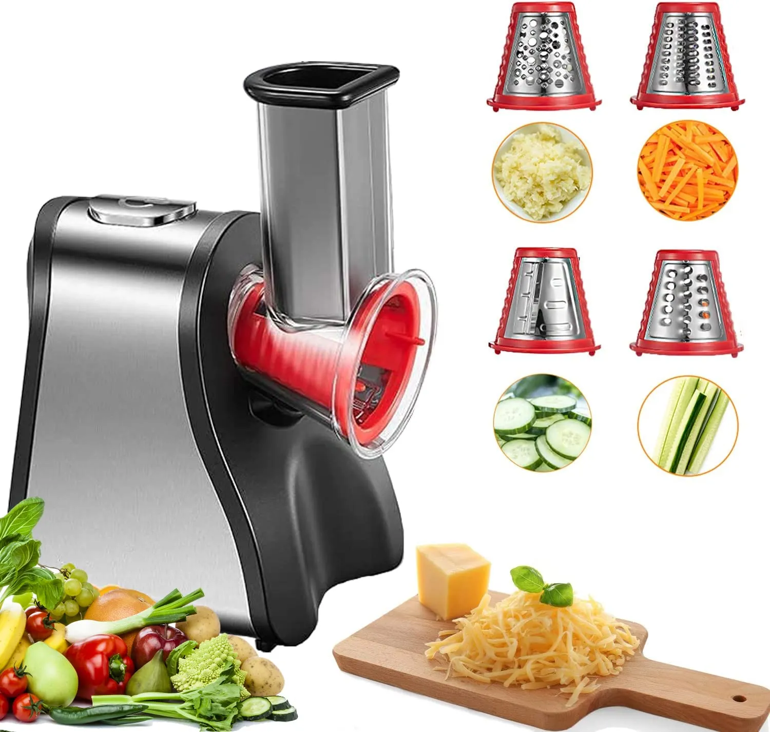 FOHERE Electric Cheese Grater Salad Maker - BPA-Free, One-Touch Control, Compact Design, Red