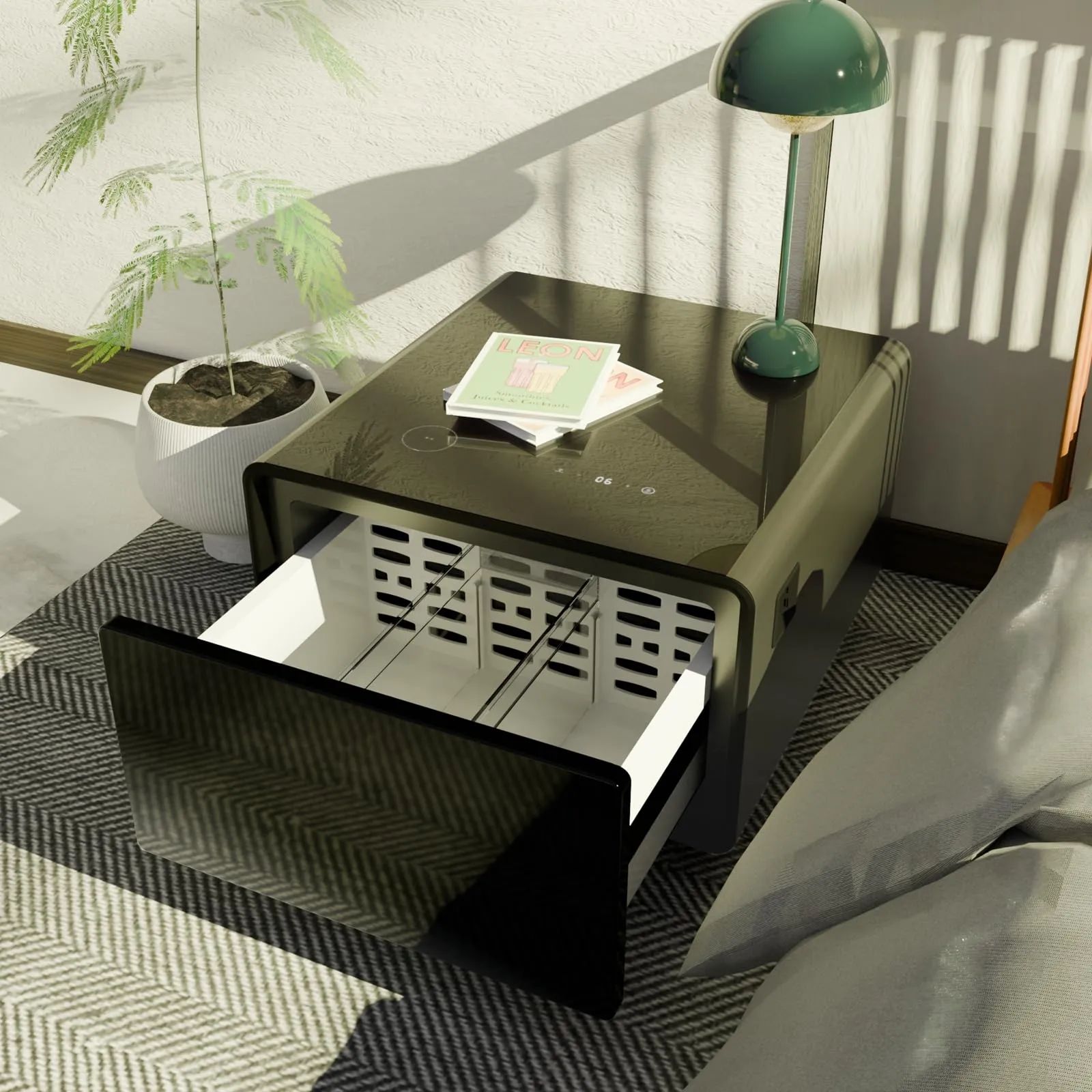 Fridge Side Table with Cooling Drawer, Wireless Charging, Induction Light, Black LT65