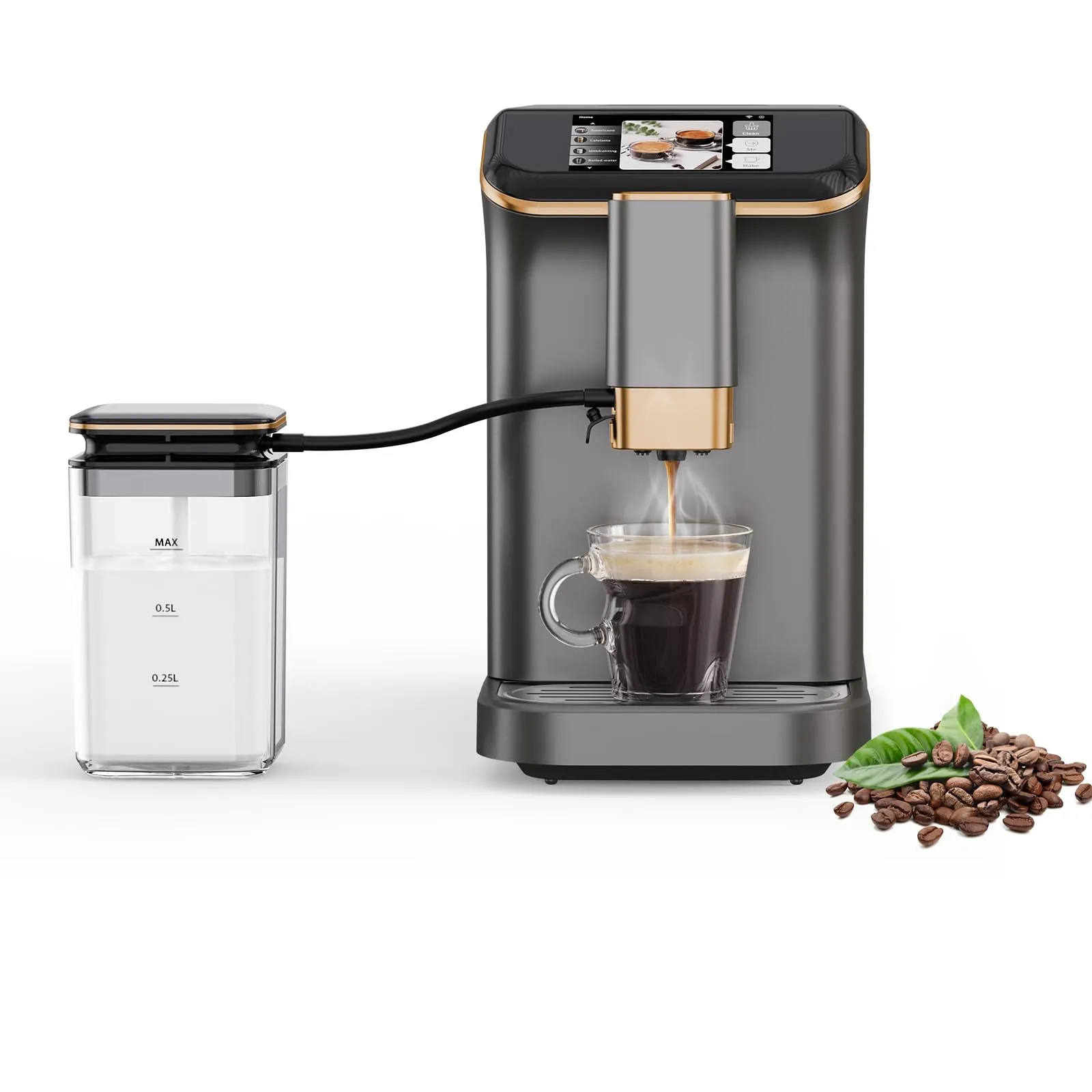 Fully Automatic Espresso Machine - 20-Bar Pump, Built-in Grinder, Milk Frother, Gold Finish