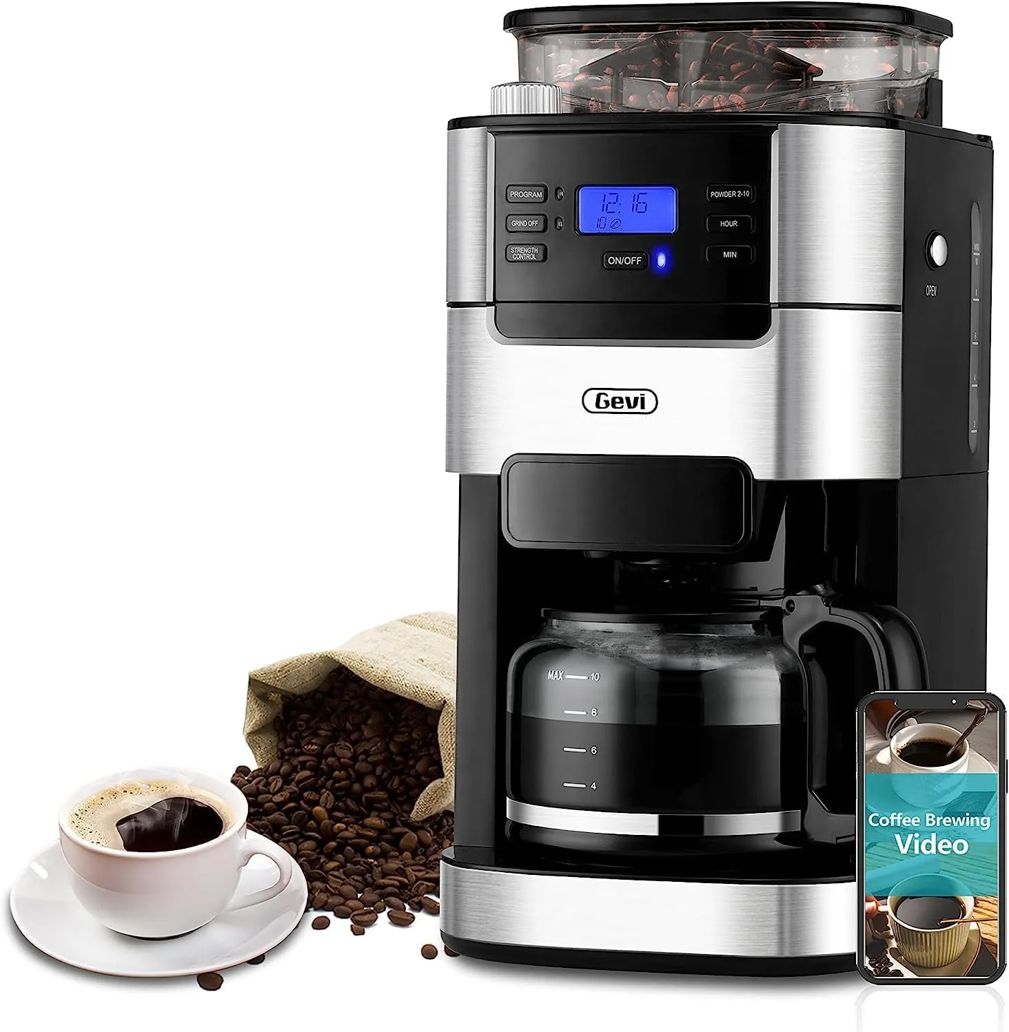 Gevi 10-Cup Coffee Maker with Grinder, Programmable Brew, 1.5L Capacity, Keep Warm Function