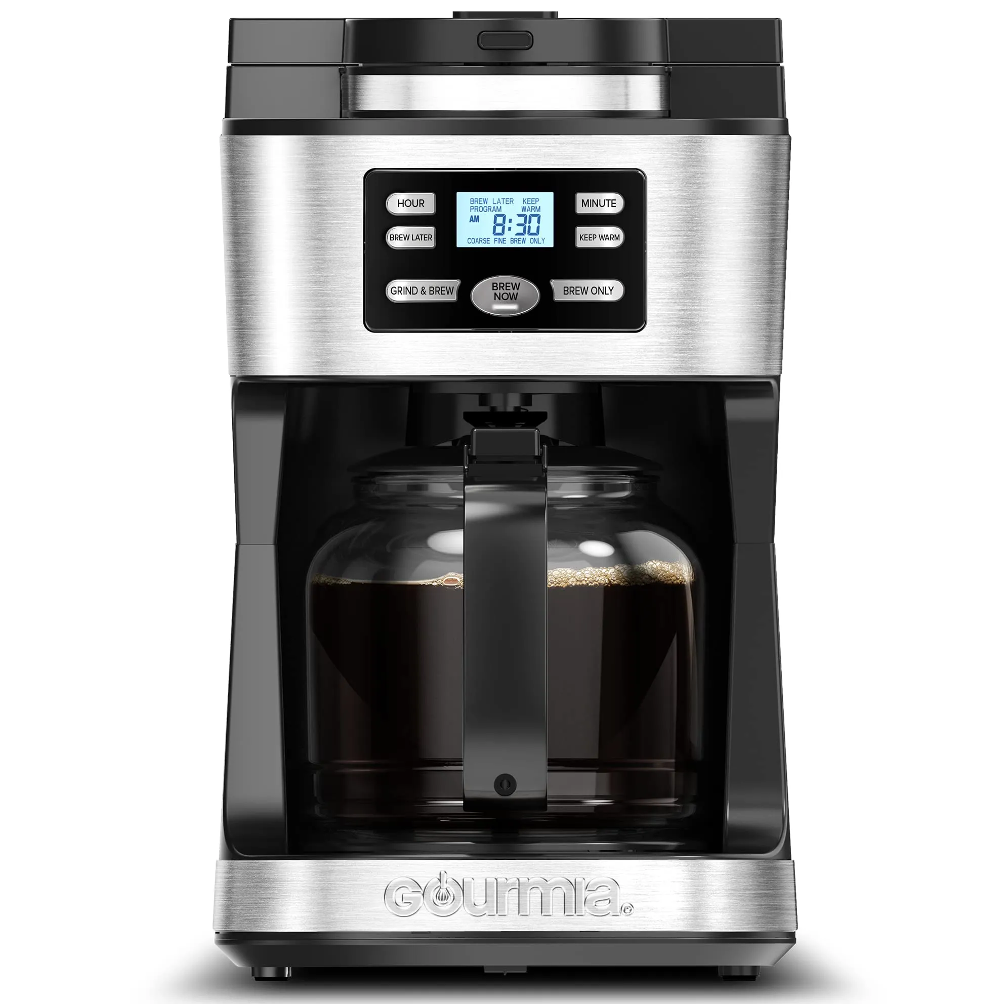 Gourmia Digital Coffee Machine 12-Cup Grind & Brew with Integrated Grinder, Black & Silver