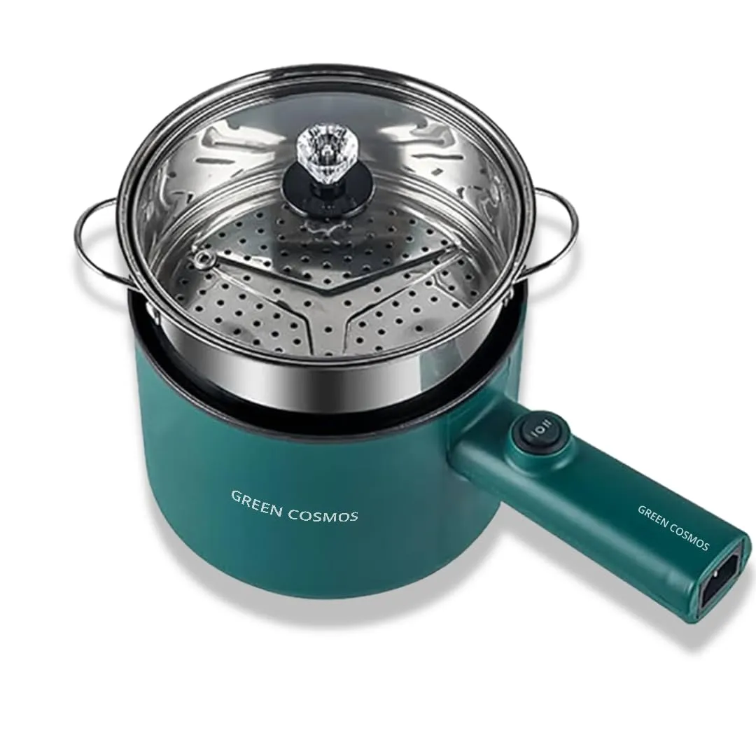 Green Hot Pot Electric with Steamer, 1.8L Non-Stick Frying Pan, Adjustable Temperature Control