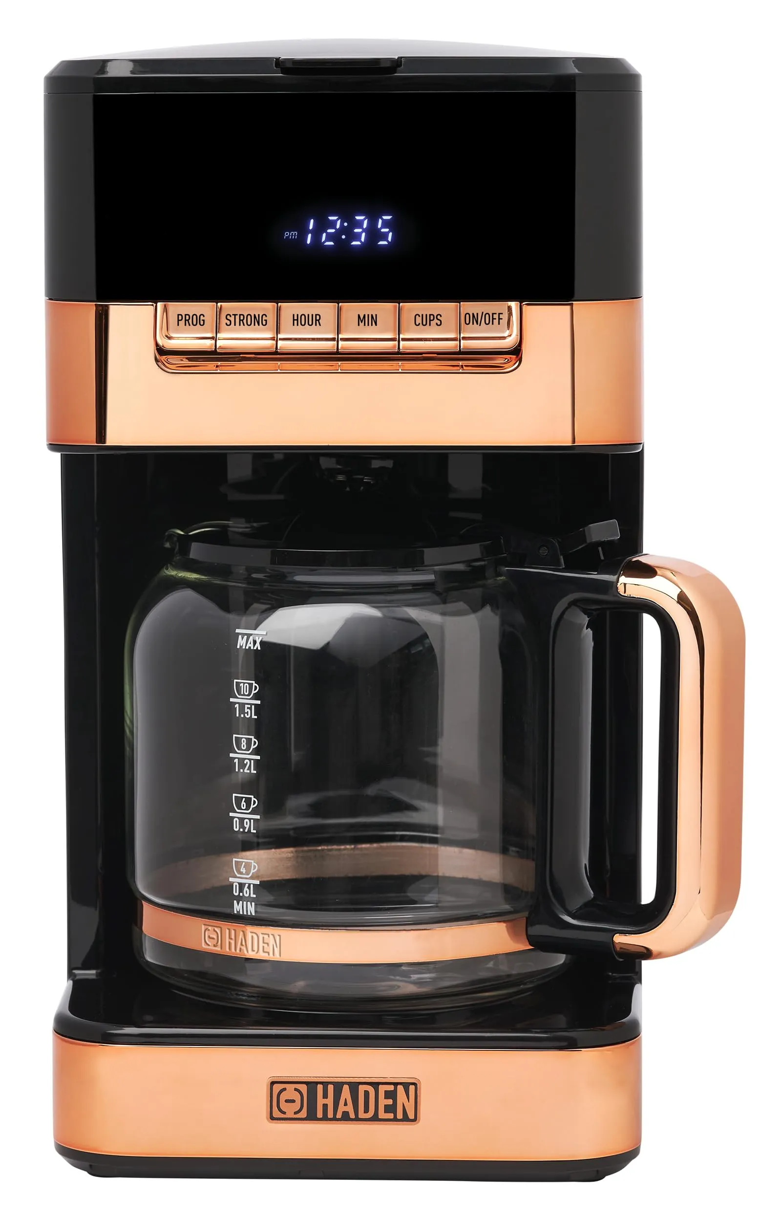 HADEN Quintessential 12 Cup Brew Coffee Maker, Programmable Clock, Adjustable Strength, Black/Copper