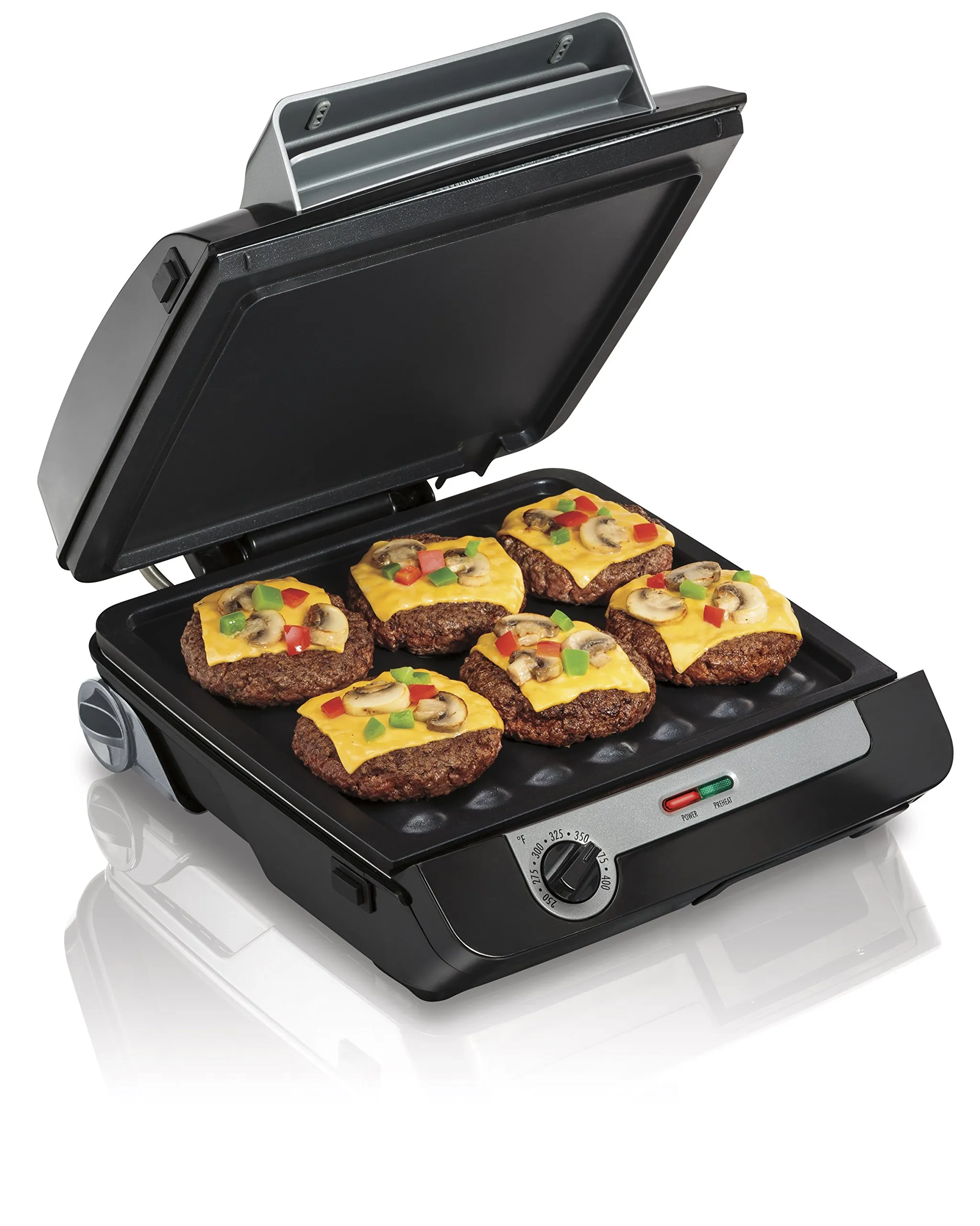 Hamilton Beach 4-in-1 Indoor Grill & Electric Griddle Combo, Black & Silver, Removable Plates