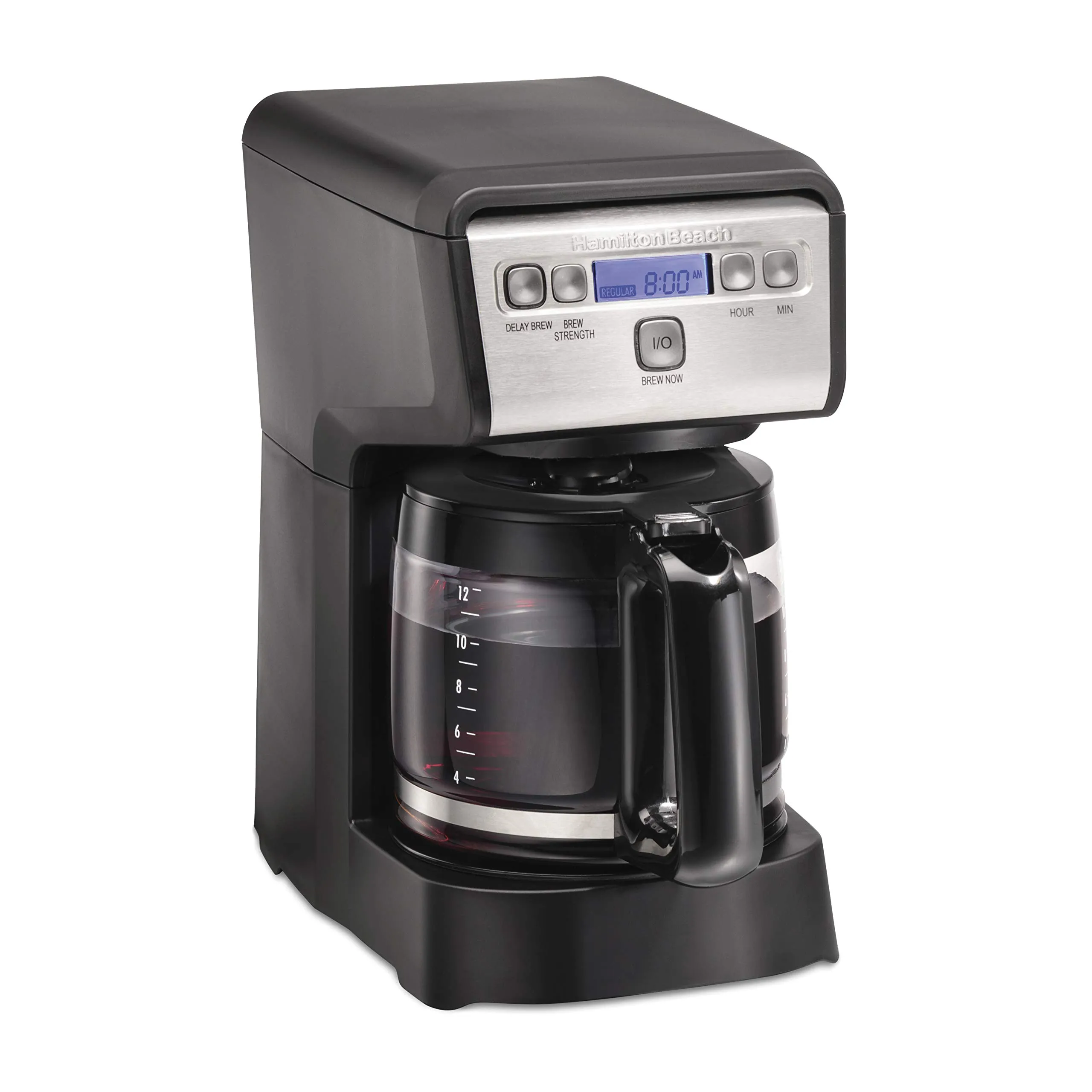 Hamiton Beach 12-Cup Compact Programmable Drip Coffee Maker, No-Drip Carafe, Black & Stainless Steel