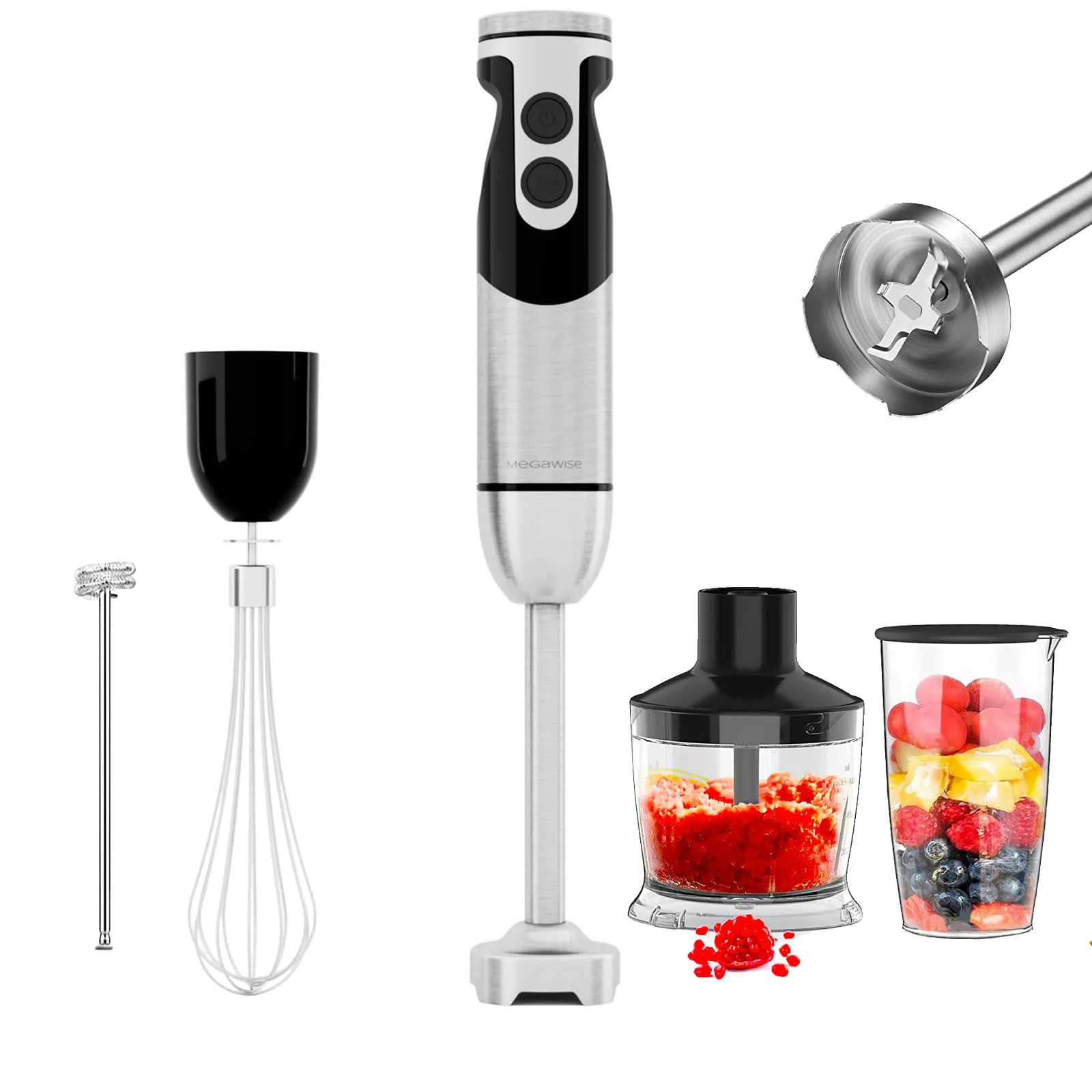 Hand Blenders by MEGAWISE - Powerful 800W, 12-Speed, Black, Includes Chopper, Frother, & Whisk