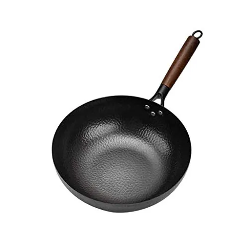 Handmade Carbon Steel Wok with Wooden Handle, Non-Stick Stir Fry Pan, Durable Cookware