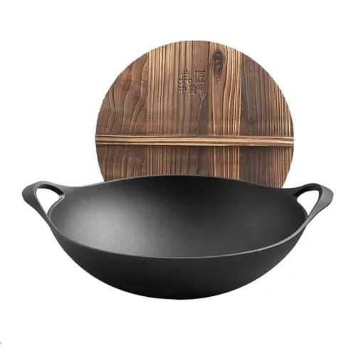 Handmade Cast Iron Wok 36cm with Wooden Lid