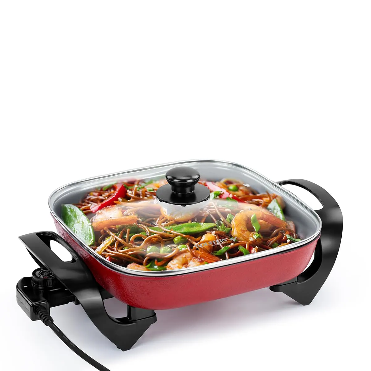 Holstein Housewares 12-Inch Electric Skillet with Glass Lid, Non-Stick, Temperature Control, Red