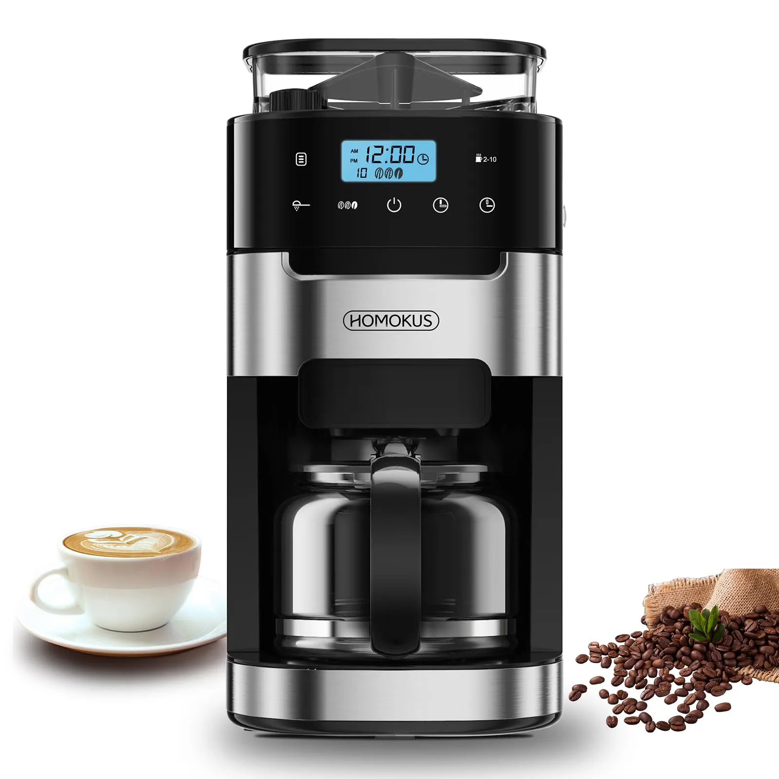 HOMOKUS 10-Cup Coffee Maker with Grinder, Touch Screen, Automatic Brew & Warming Plate, 1.5L