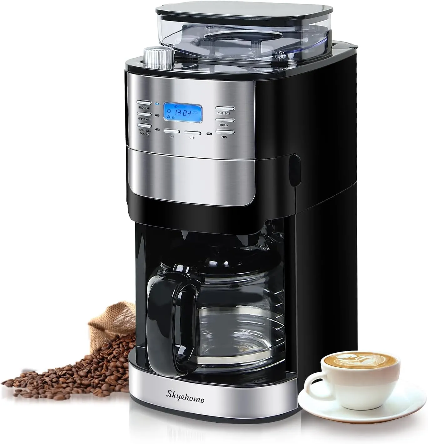 HOMOKUS 12-Cup Coffee Maker with Built-In Burr Grinder, Programmable Drip, 1.5L Water Tank