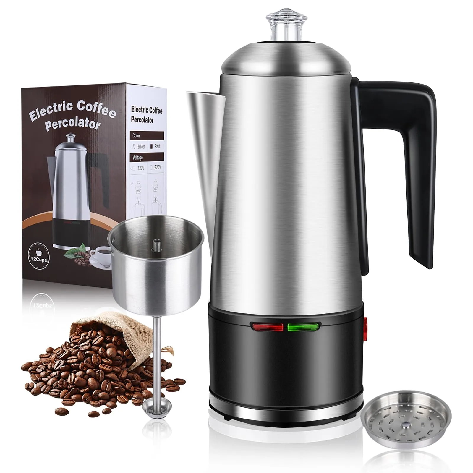 HOMOKUS 12-Cup Electric Coffee Percolator, Stainless Steel, 800W with Cool-Touch Handle