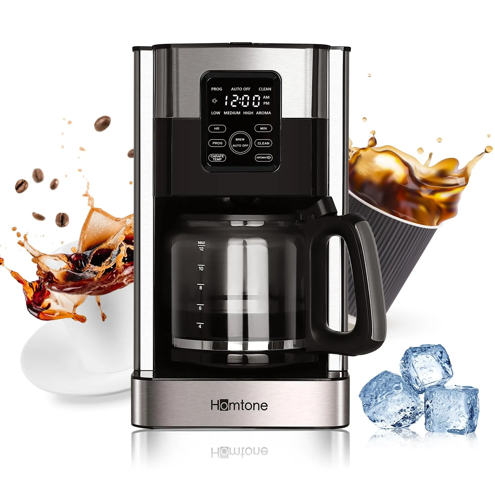 Homtone 12-Cup Programmable Coffee Maker, Stainless Steel, LCD Touch Screen, Brew Strength Control