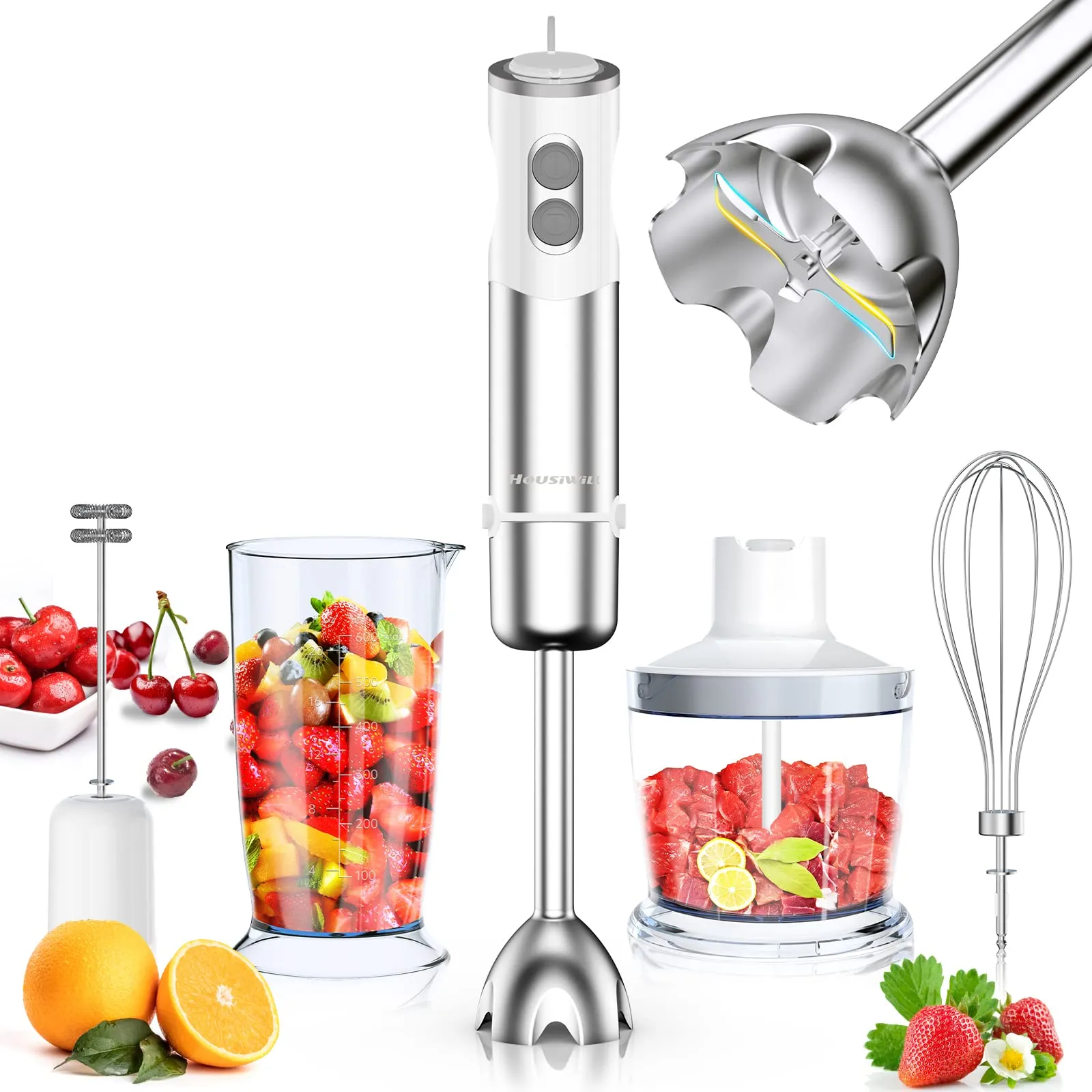 Housiwill 5-in-1 Immersion Blender with 12 Speeds, Turbo Mode, Milk Frother, and Chopper