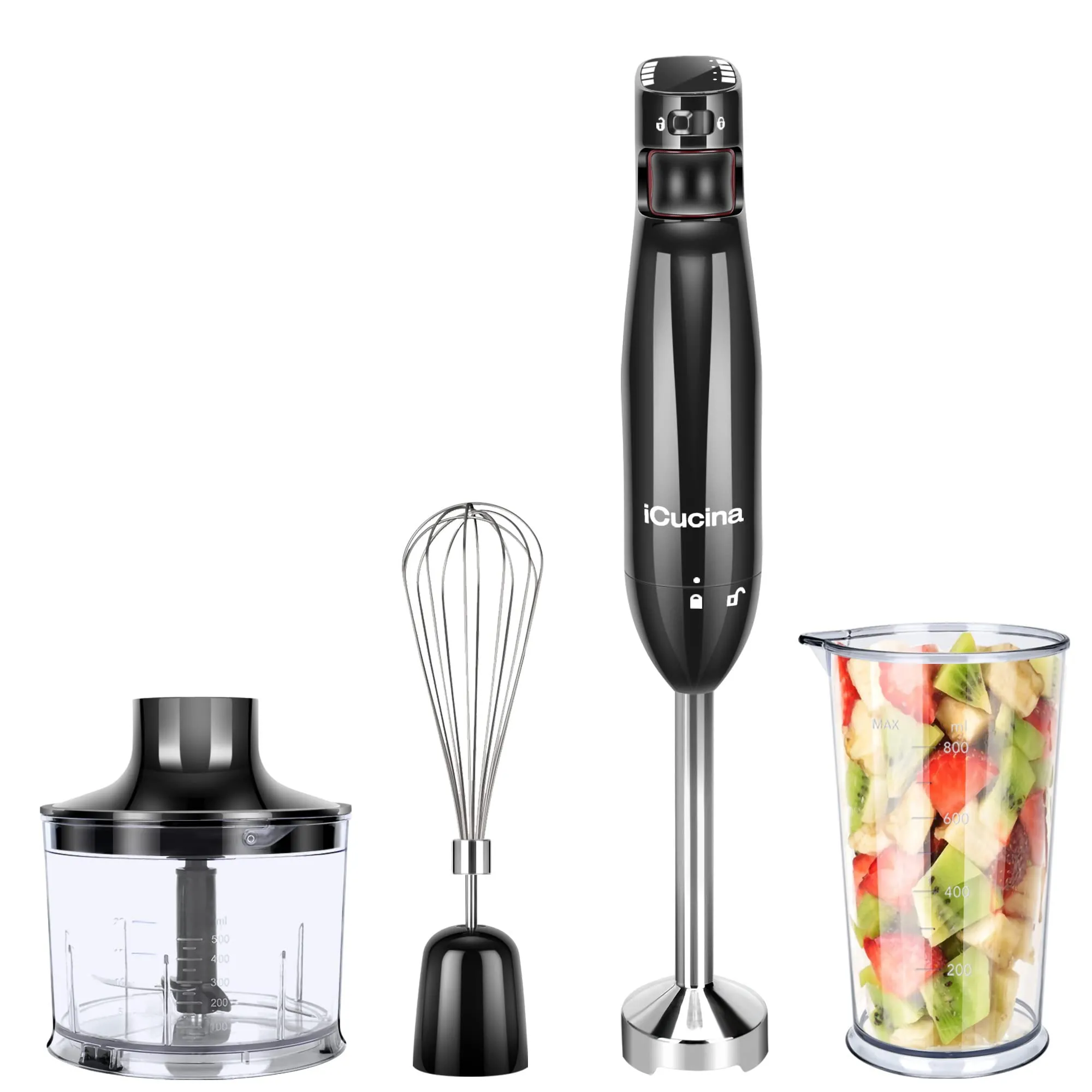 iCucina 4-in-1 Variable Speed Immersion Hand Blender with Whisk, Chopper & Beaker - Black