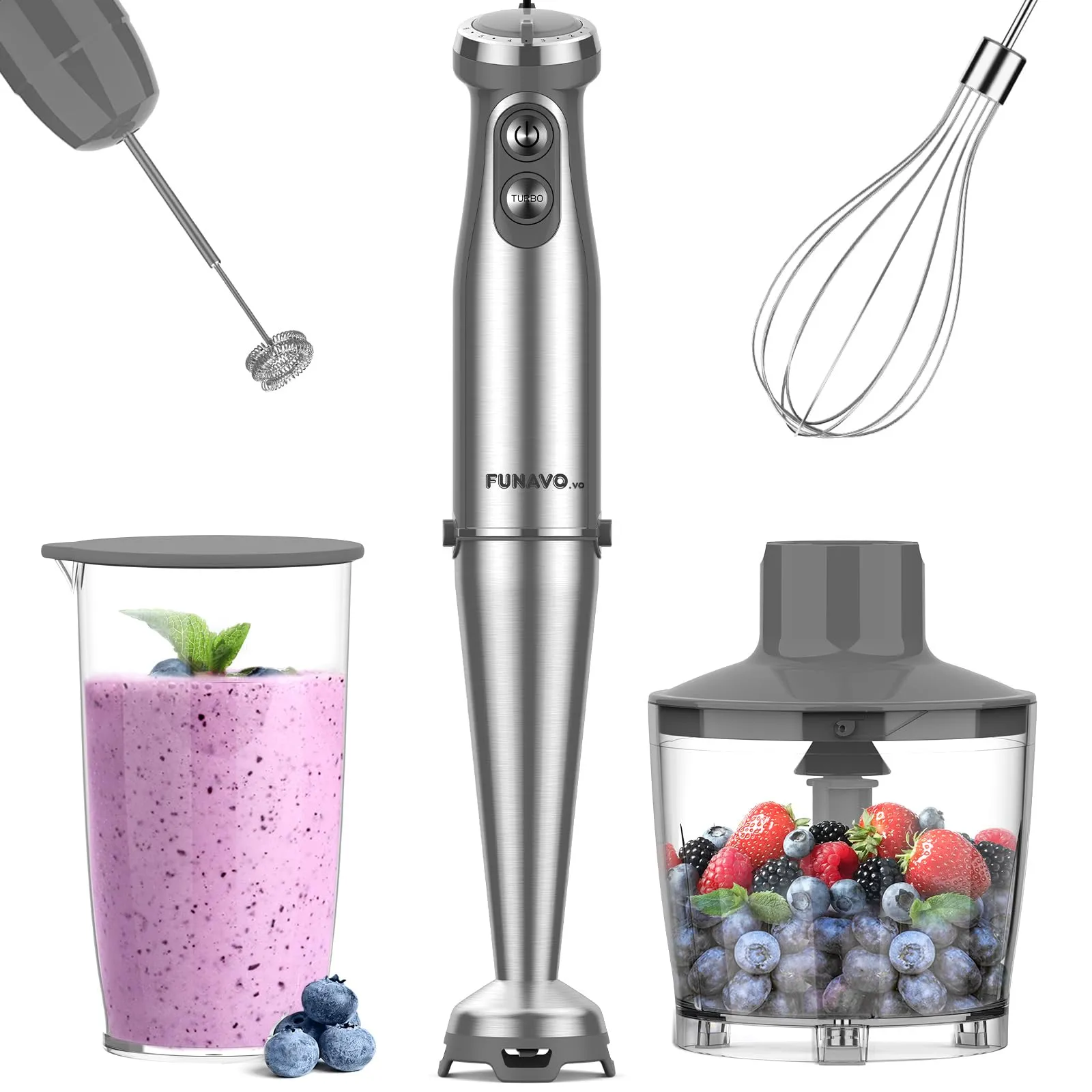 Immersion Blender 1000W Anti-Scratch 5-in-1 Hand Blender with Turbo Mode & 12 Speed Attachments