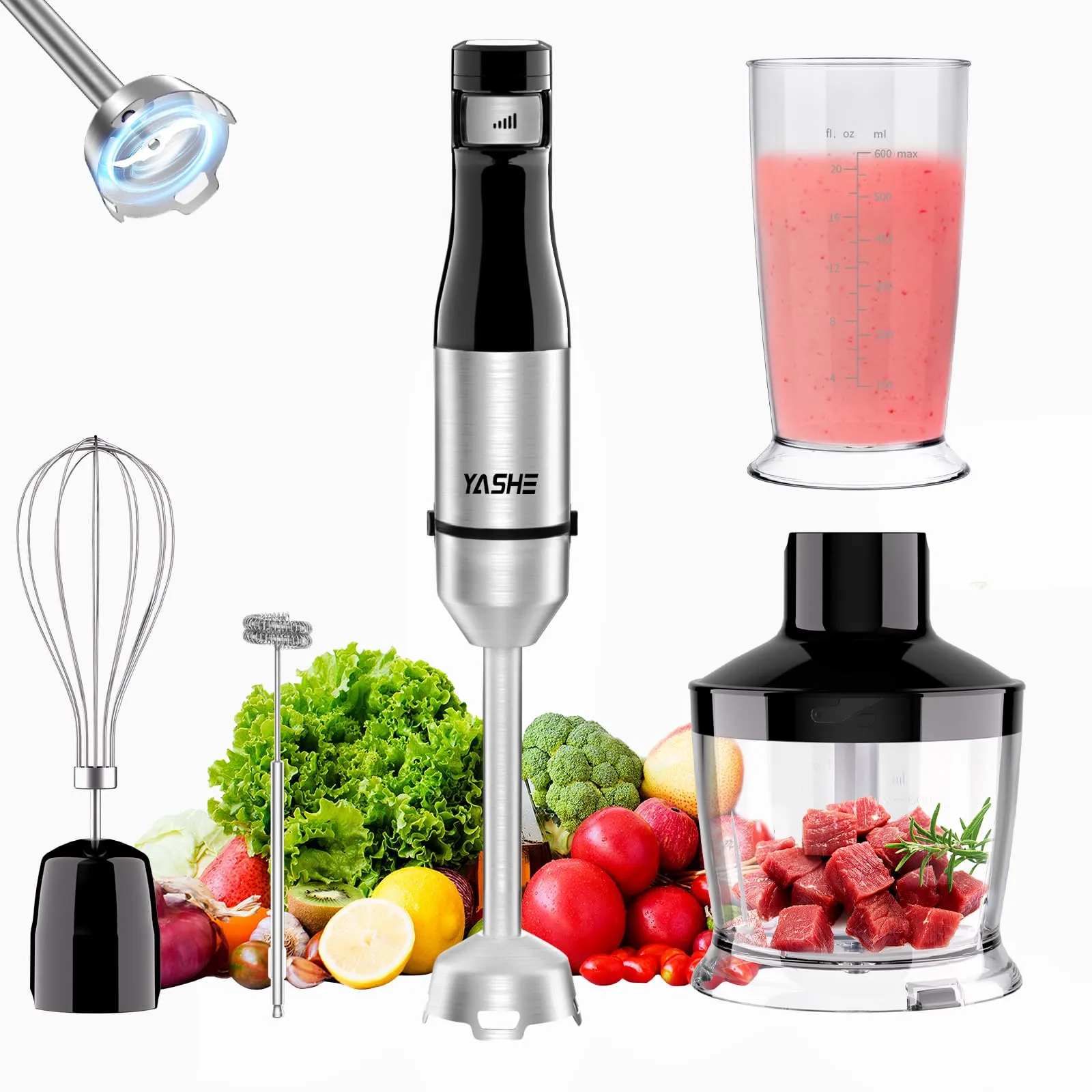 Immersion Blender 5-in-1 Handheld Stainless Steel with Variable Speed, 400W, Chopper, Whisk & Frother