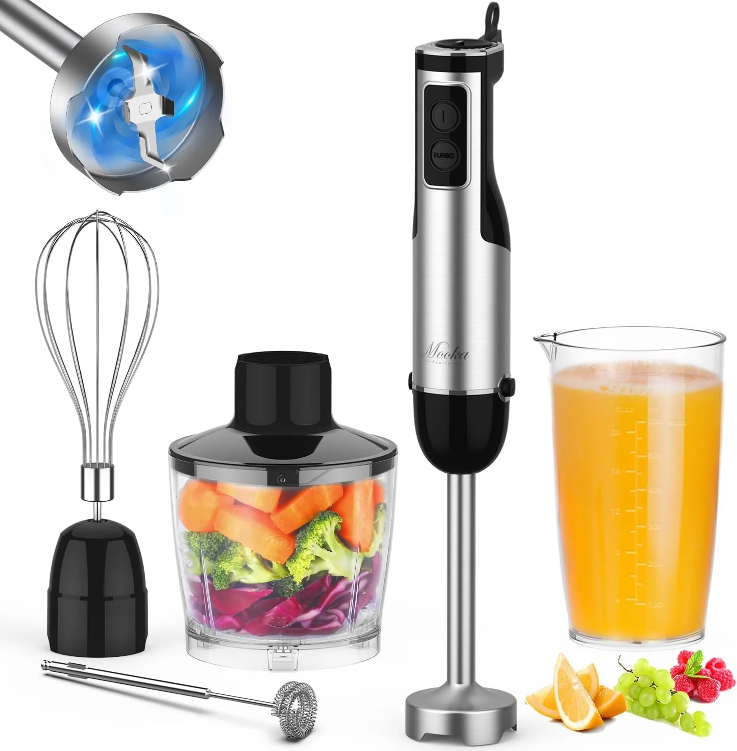 Immersion Blender Handheld, 1100W 5-in-1 Stick Blender with 600ml Beaker, 500ml Chopper, Black