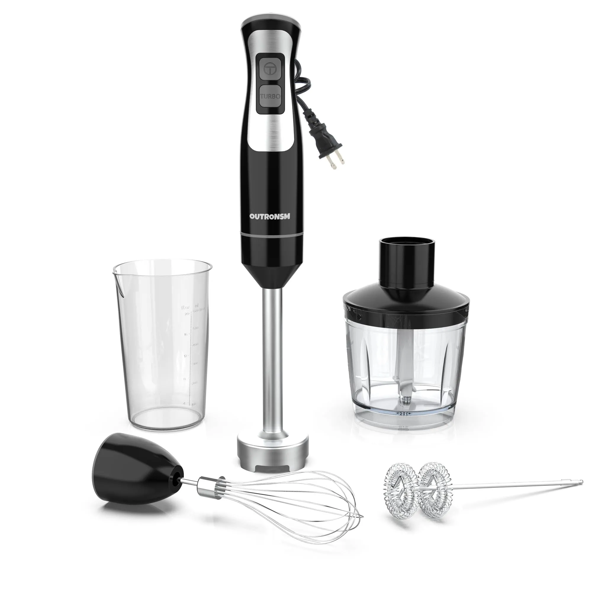 Immersion Blender Handheld with 500ml Food Chopper, 600ml Container, Milk Frother - Black