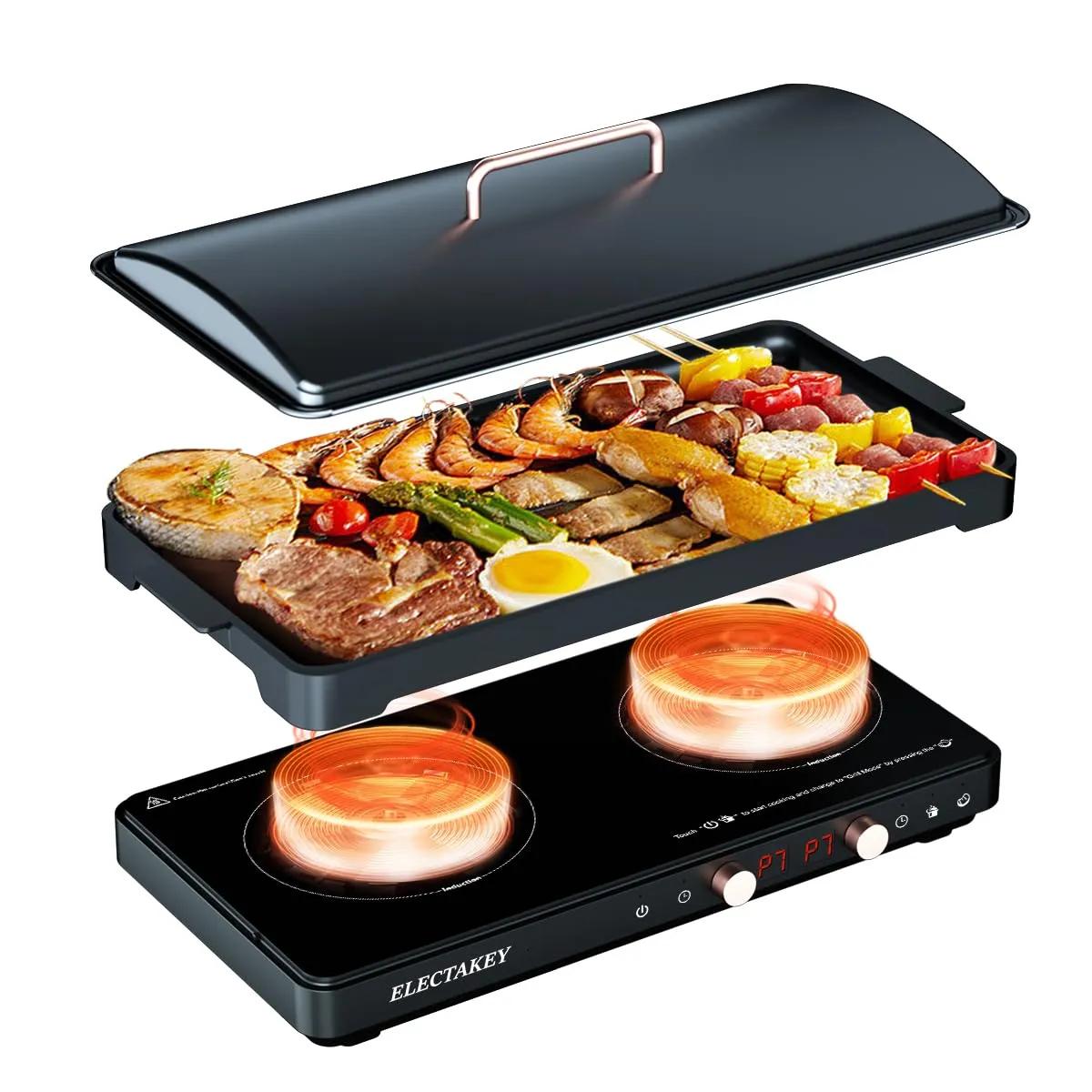 Induction Cooktop 2 Burner with Removable Griddle Pan, Digital Control, Portable, Black