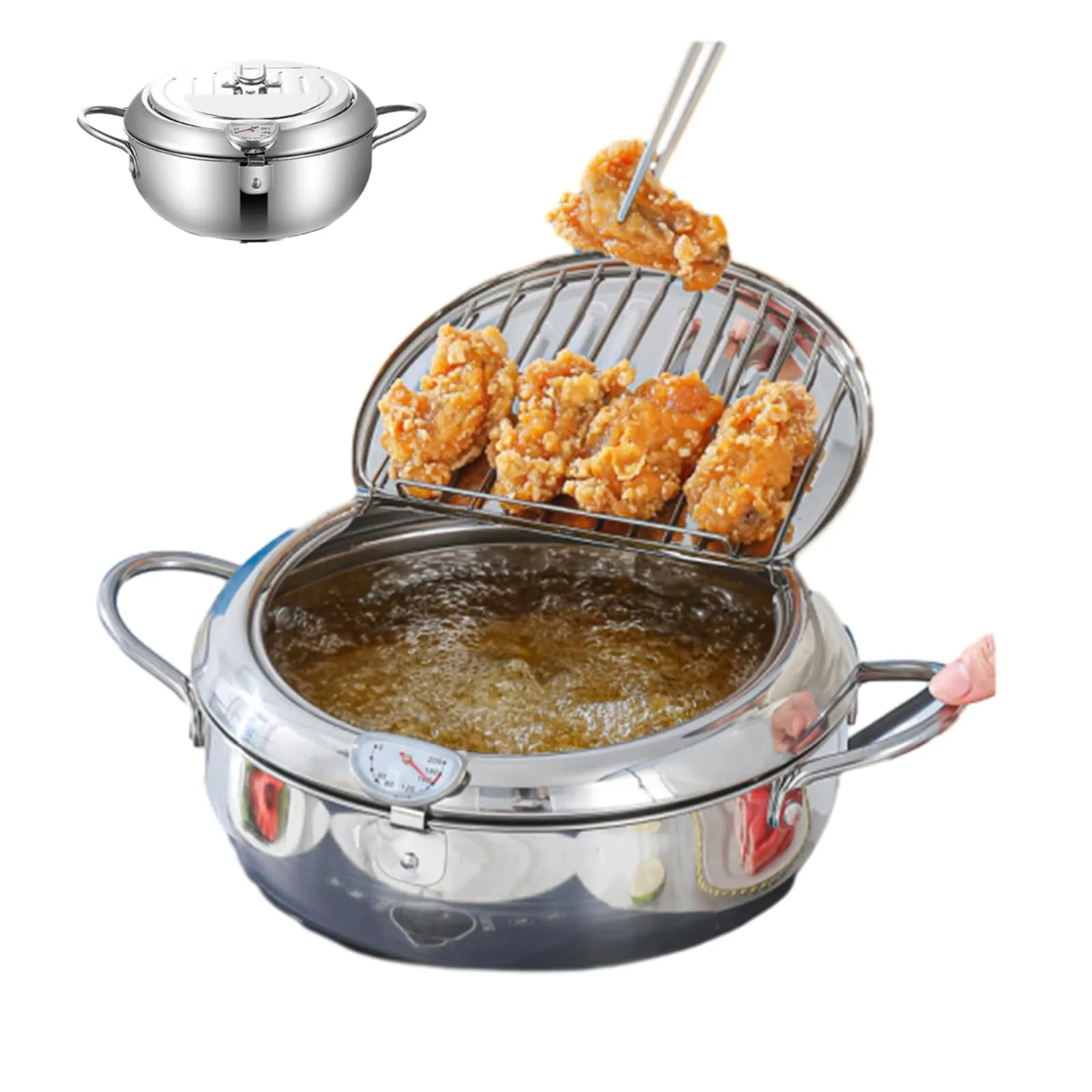 Japanese Deep Fryer Pot, Stainless Steel Tempura Fryer with Thermometer & Oil Drip Rack