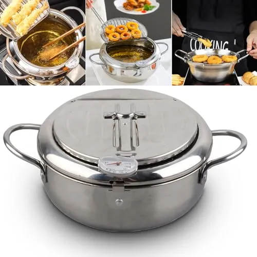 Japanese Mini Stainless Steel Frying Pot 24cm with Thermometer, Induction Cooker Compatible