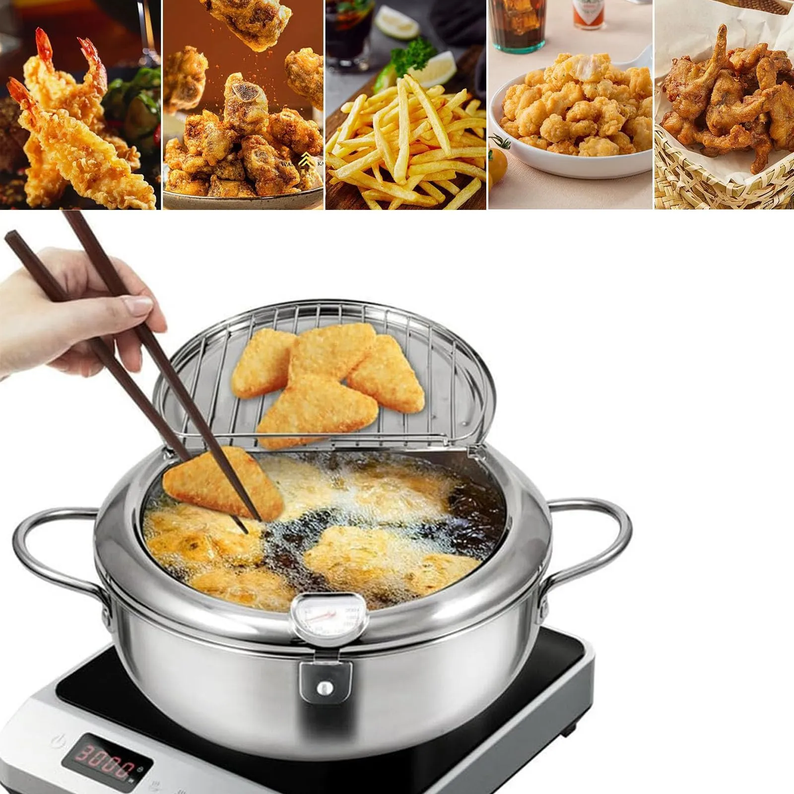 Japanese Stainless Steel Deep Fryer Pot with Thermometer and Drip Drainer Rack, 7.9in