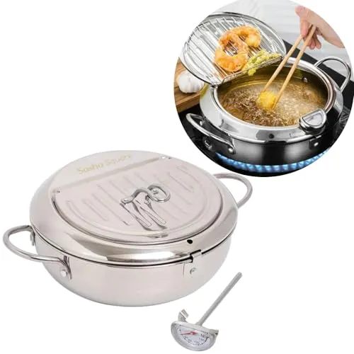 Japanese Style Stainless Steel Deep Fryer Pot with Thermometer & Drain Lid, 24cm, 3.2L