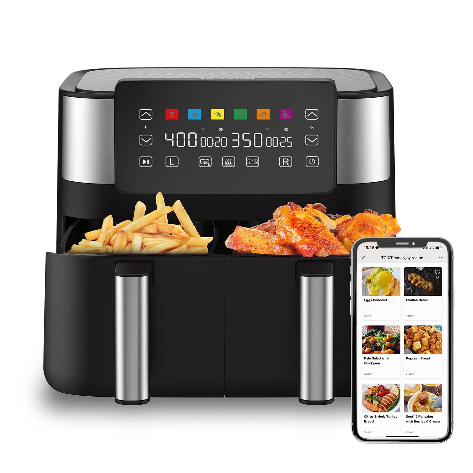 JOYAMI 8 QT Air Fryer with Dual Baskets, Sync-Finish, Nonstick, 6-in-1 Functionality, Black