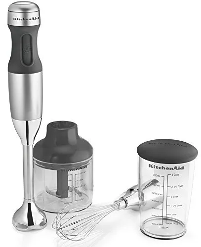 KitchenAid Renewed RKHB2351CS 3-Speed Hand Blender, Silver with Chopper & Whisk Attachments