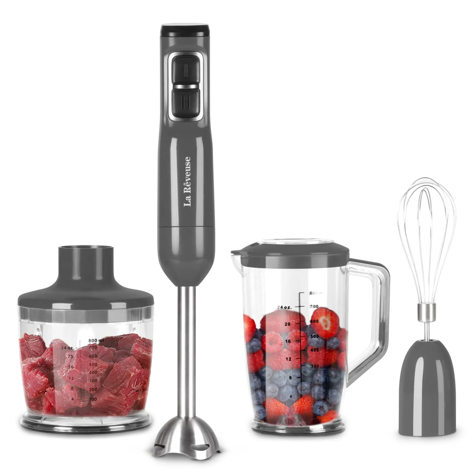 La Reveuse 3-in-1 Immersion Blender, 300W Handheld with Whisk, Chopper, Mixing Beaker