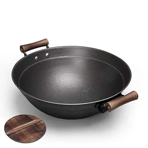 Large Cast Iron Wok 32CM Uncoated Double-Eared Round Bottom Heavy-Duty Non-Stick Skillet