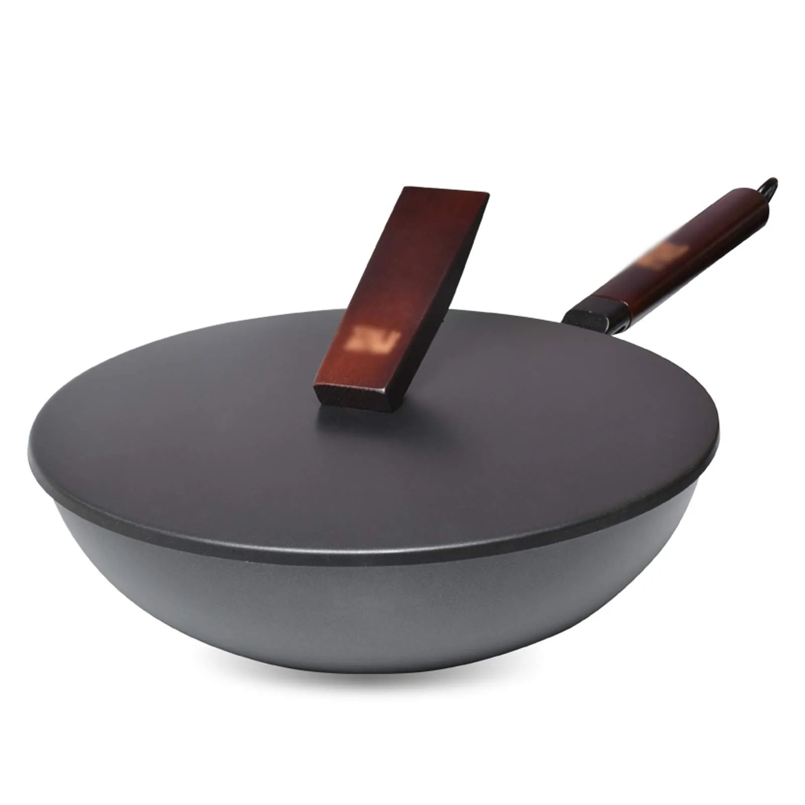 Large Iron Cooking Wok with Beech Handle, Old-Fashioned Non-Stick Round Bottom Frying Pan