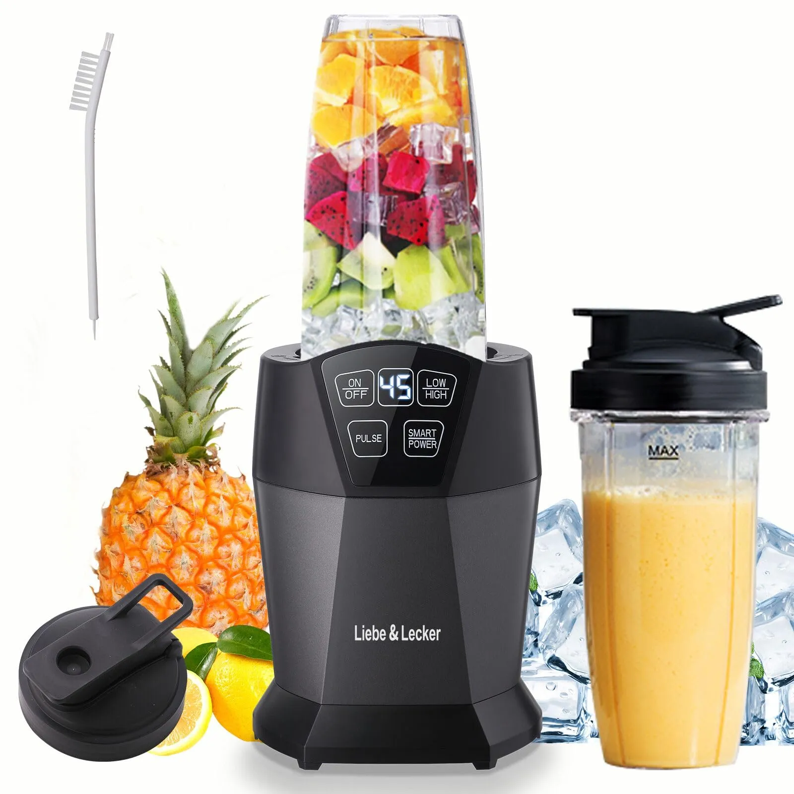 Liebe & Lecker Personal Blender 1200W, Smoothie Maker with 2 To-go Cups, Black