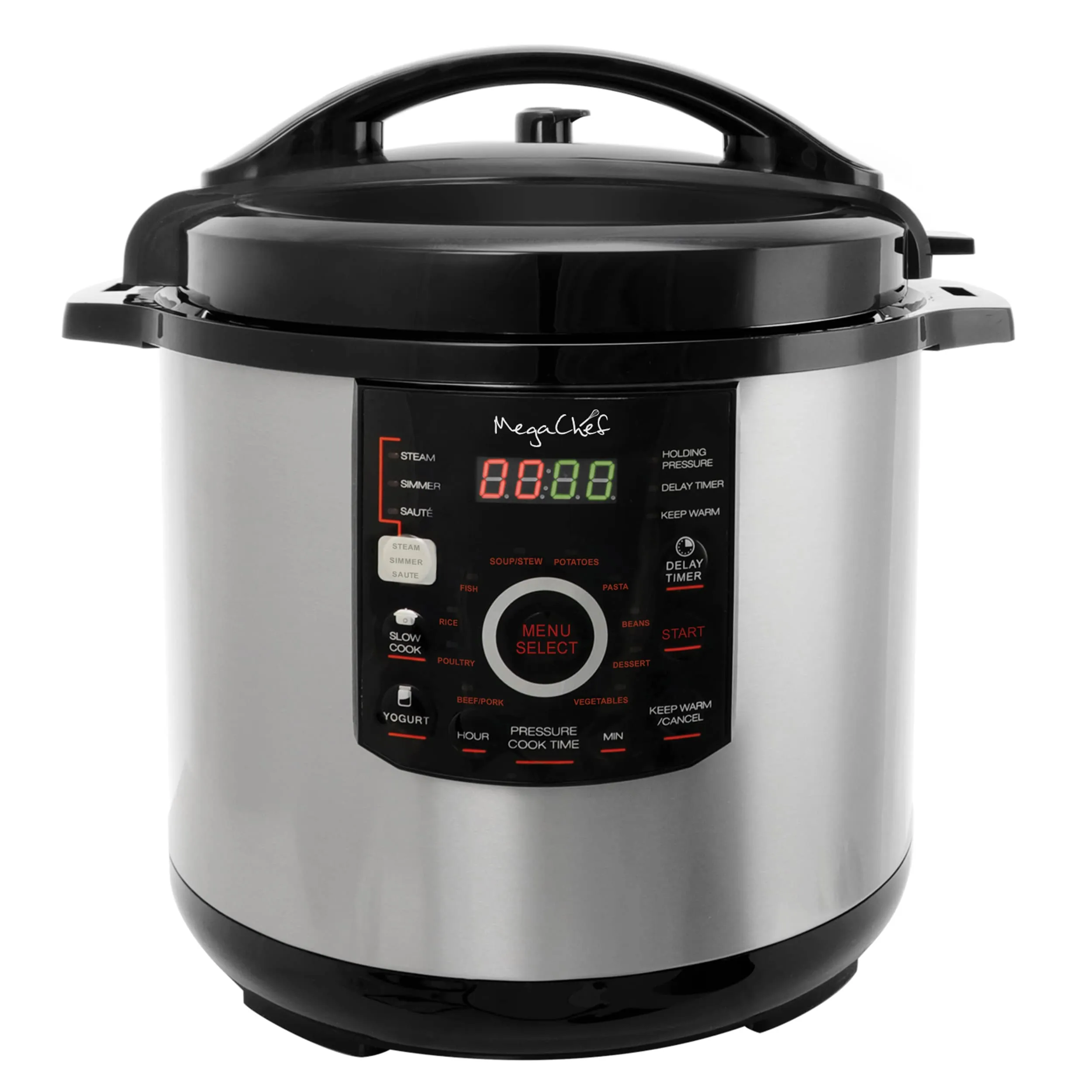 MegaChef 12 Quart Digital Pressure Cooker, 15 Presets, Glass Lid, Non-Stick, Silver